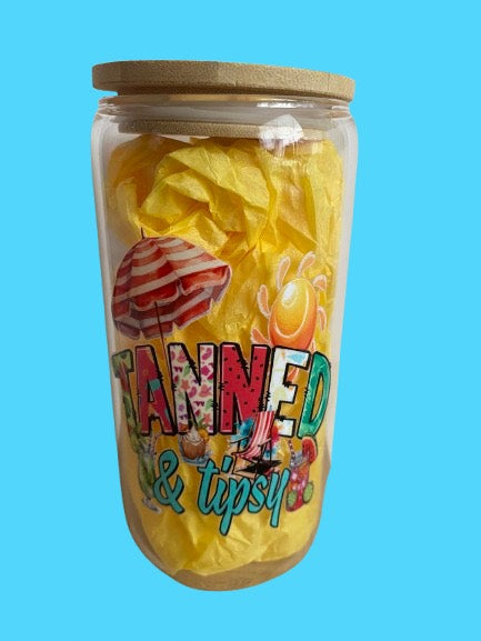 Tanned & Tipsy Glass cup with bamboo lid